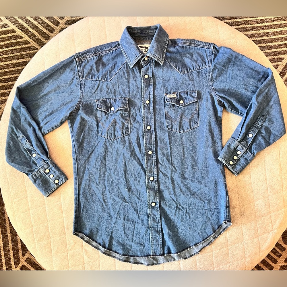 Vintage 80s JAGUAR Men’s Medium Pearl Snap Western Denim Shirt